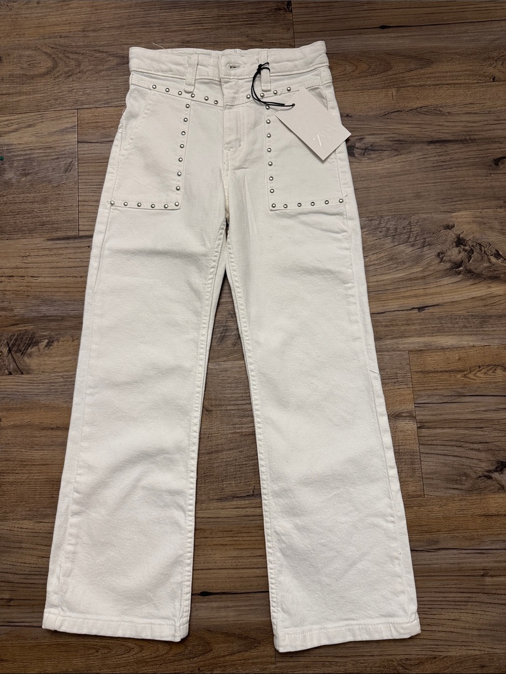 Zara Cream Straight Leg Jeans with Studded Front Pockets